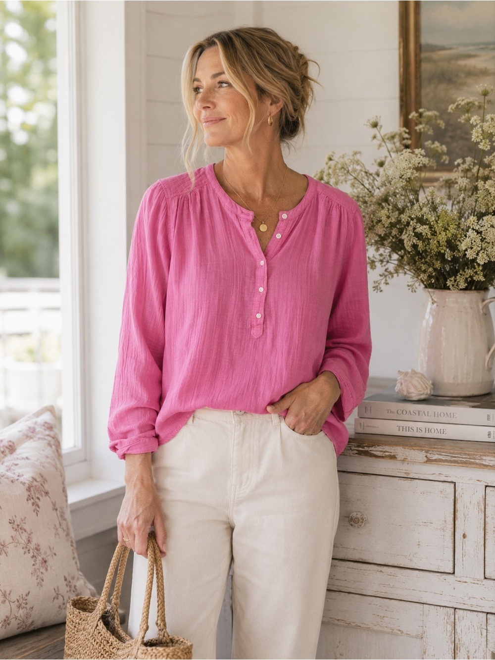 St. John’s Bay 100% Cotton Women's Pink Button-Front Long Sleeve Top